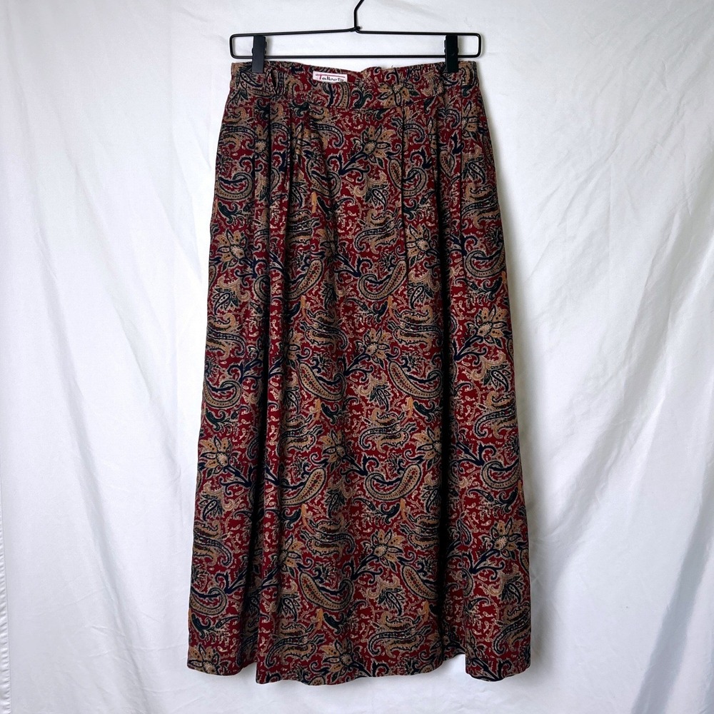 Talbots Womens Vintage Paisley Corduroy Pleated Midi Skirt Size 10 Burgundy